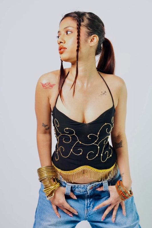 Laila – Embroidered Black Halter Open Back Top