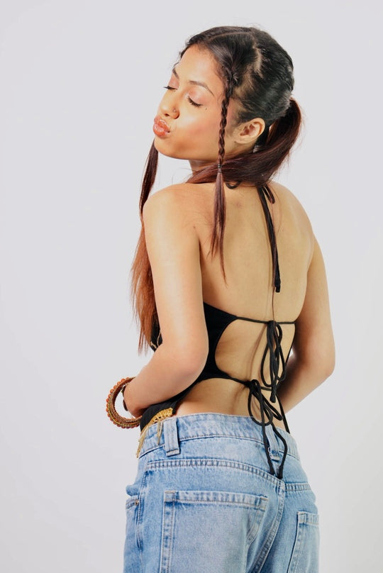 Laila – Embroidered Black Halter Open Back Top