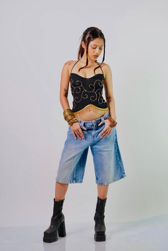 Laila – Embroidered Black Halter Open Back Top