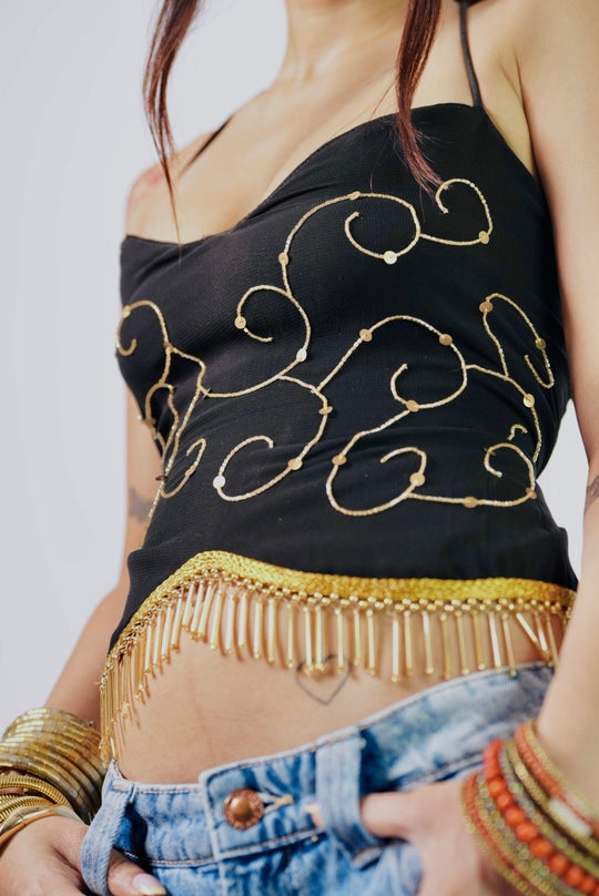 Laila – Embroidered Black Halter Open Back Top