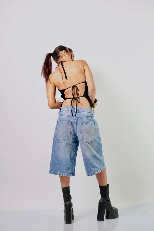 Laila – Embroidered Black Halter Open Back Top